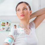 Woman doing exercise wearing smart wearable device with futurist
