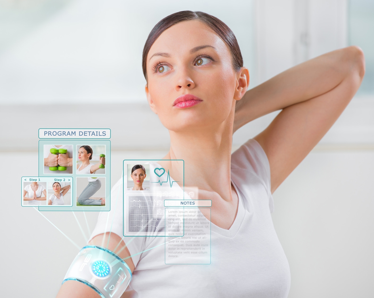 Woman doing exercise wearing smart wearable device with futurist
